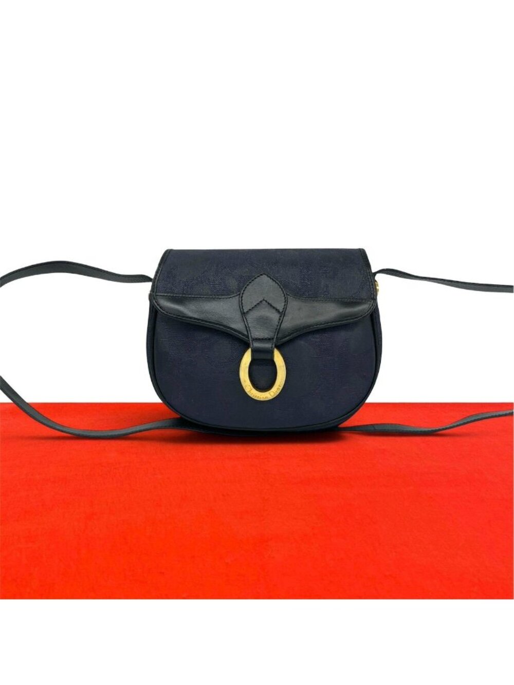 Dior Vintage Logo Trotter Leather Shoulder Bag Pochette Navy
